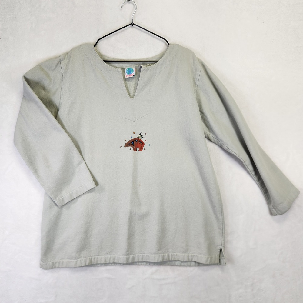 Vintage WEK Woman Southwestern Bear Graphic Top Sage Green Cotton Made in USA M